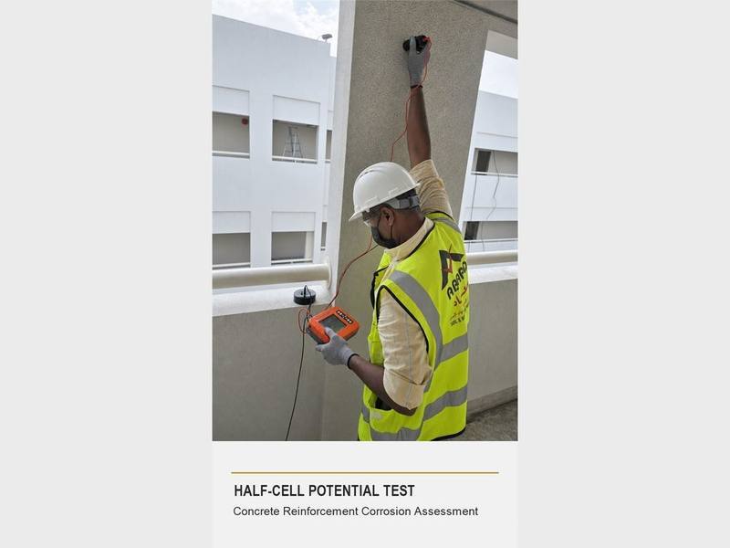 Abaad technician performing a half-cell potential survey