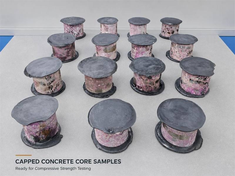 Capped concrete core samples ready for compressive strength testing