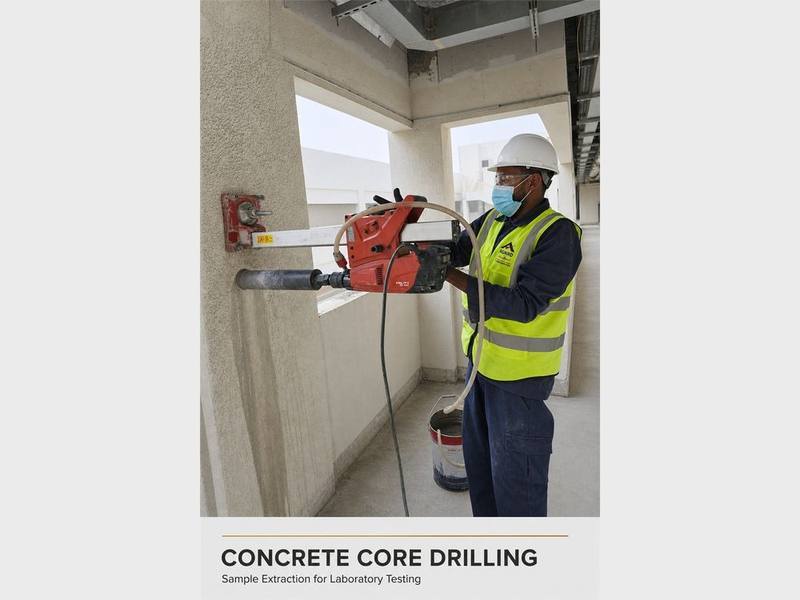 Abaad technician performing concrete core drilling for sample extraction
