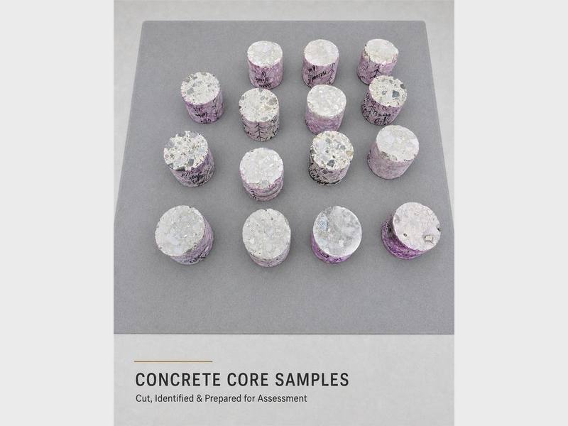 Concrete core samples cut, identified and prepared for assessment