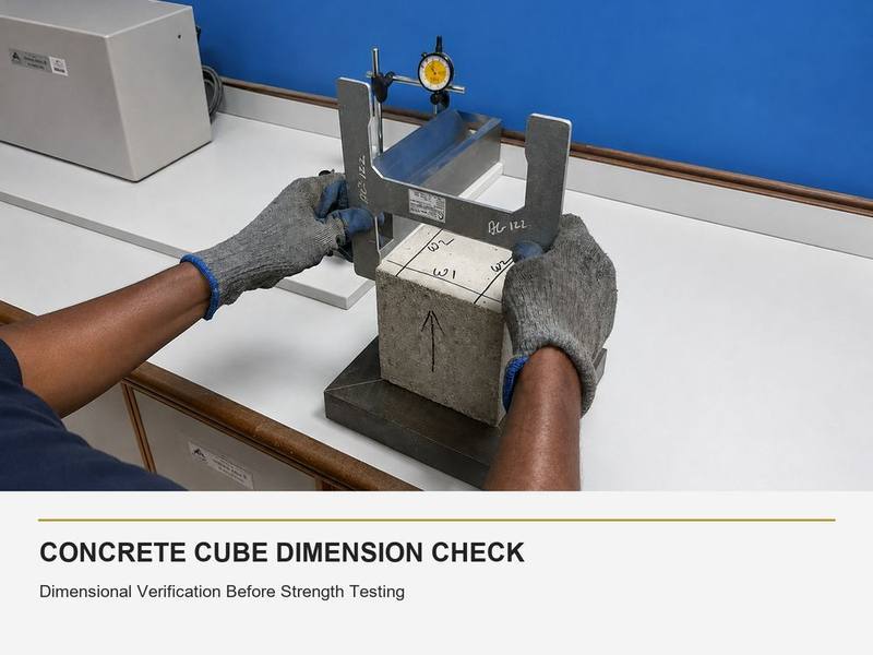 Abaad technician verifying concrete cube dimensions with a dial gauge comparator before strength testing