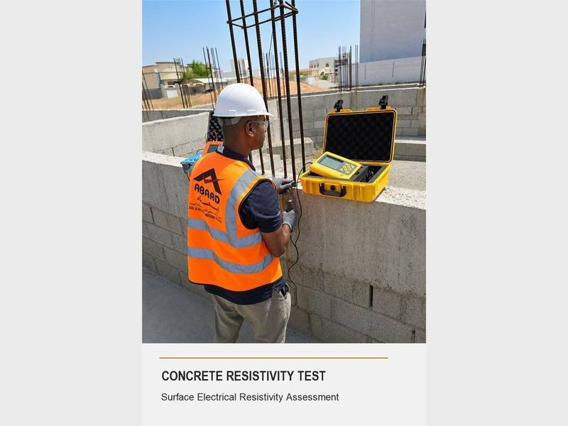 Abaad technician performing a concrete resistivity test on a column