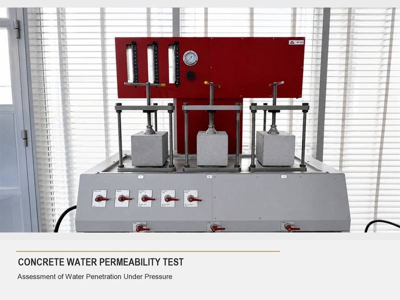 Concrete water permeability testing apparatus with concrete cube specimens under pressure