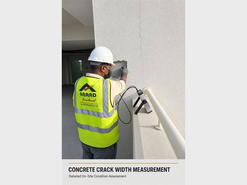Abaad technician measuring concrete crack width on site