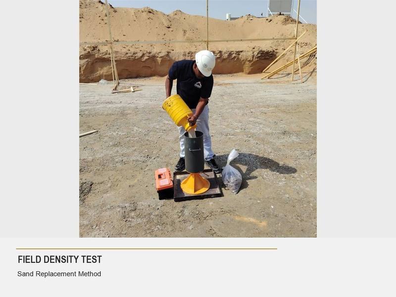 Abaad technician pouring calibrated sand during a field density test
