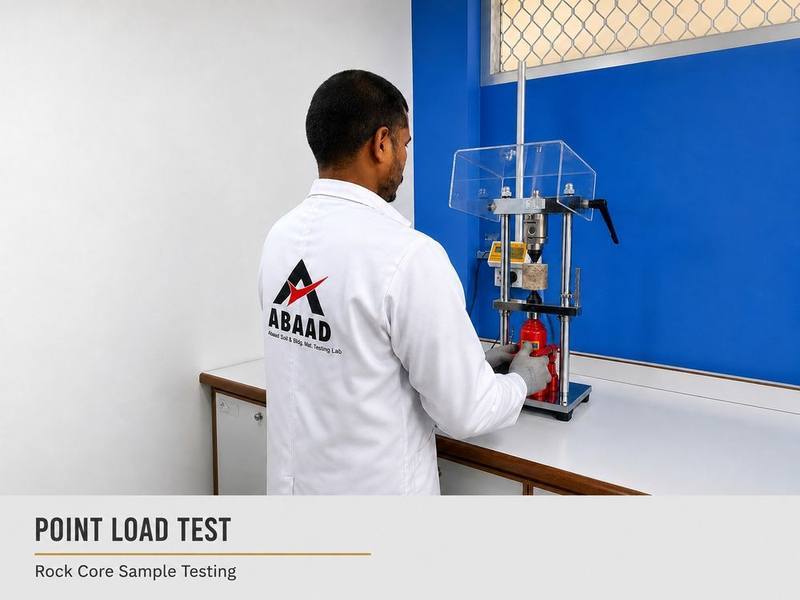 Abaad technician performing a point load test on a rock core sample in the lab