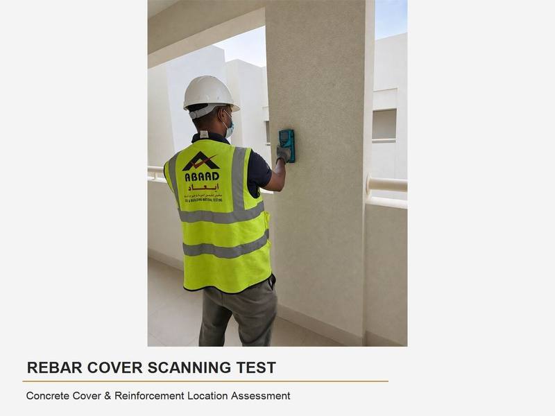 Abaad technician performing a rebar cover scanning test on a concrete column