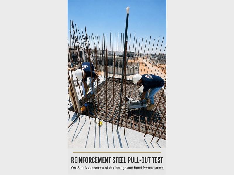 Abaad technicians performing a reinforcement steel pull-out test on a rebar cage