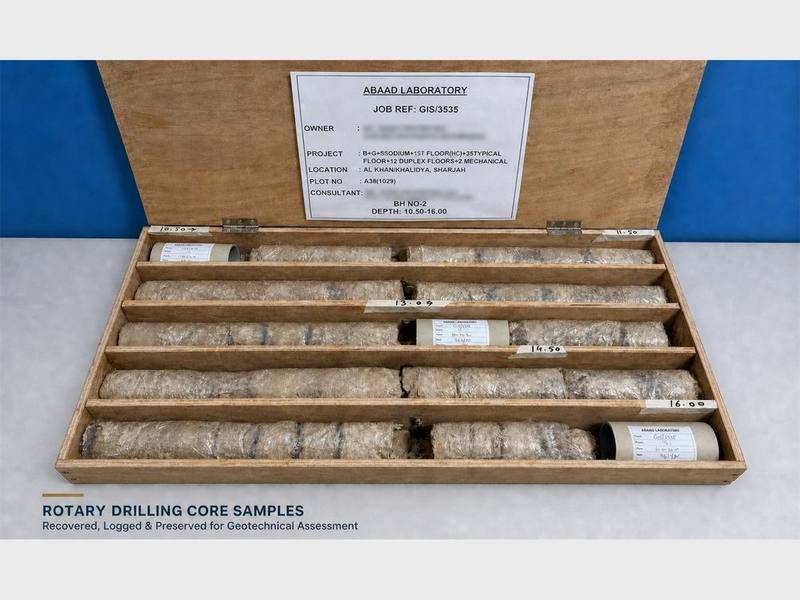 Rotary drilling core samples recovered, logged and boxed for geotechnical assessment