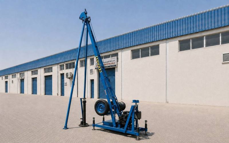 Abaad PILCON-1500 light percussion drilling rig, blue chassis, at the Abaad Sharjah yard