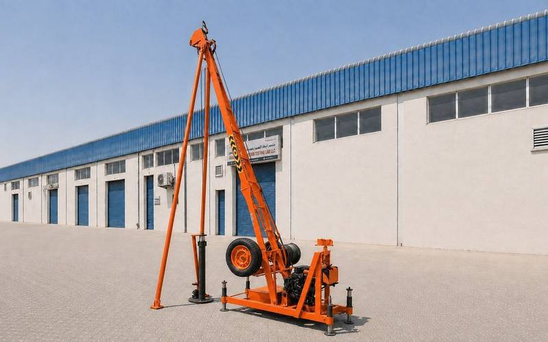 Abaad light percussion drilling rig, orange chassis, Unit 2, at the Abaad Sharjah yard
