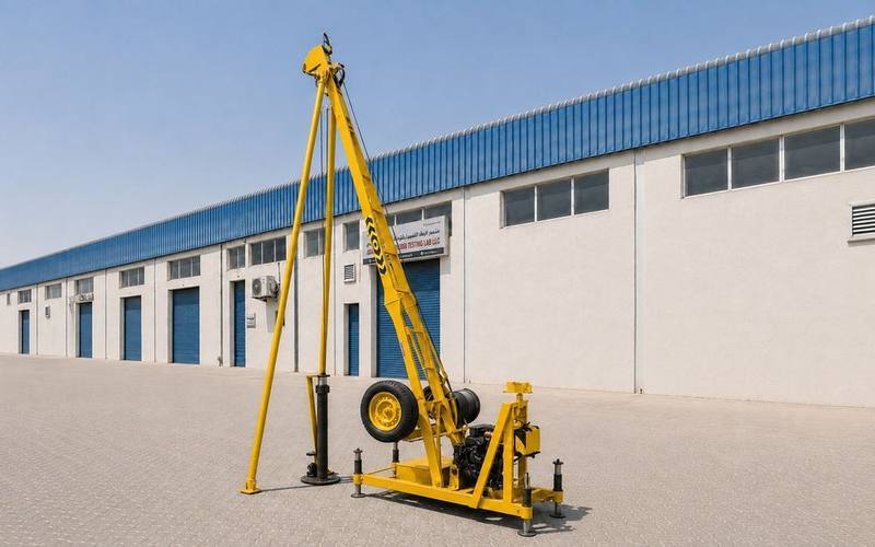 Abaad light percussion drilling rig, yellow chassis, Unit 3, at the Abaad Sharjah yard