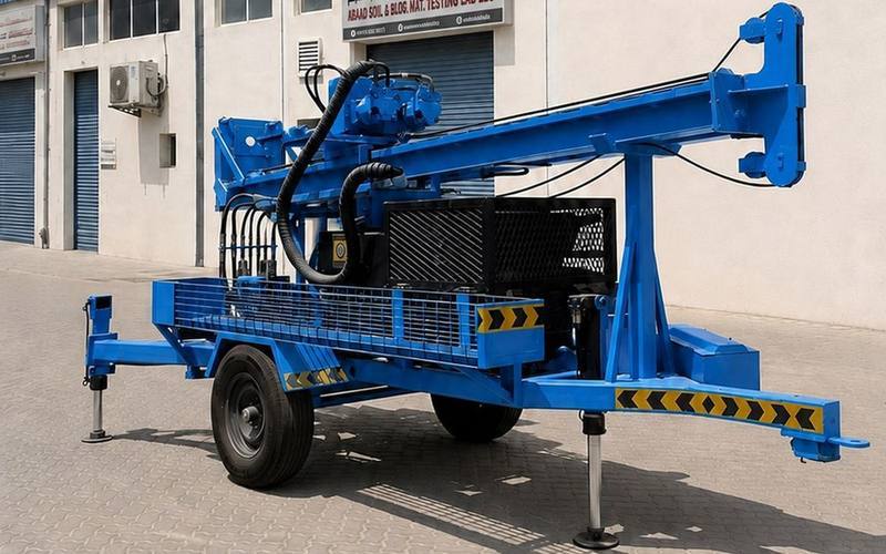 Abaad Hadaf rotary drilling rig, blue chassis, at the Abaad Sharjah yard
